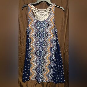 Derek Heart Boho Print Dress Crochet Lace Racerback Blue Orange Size Small